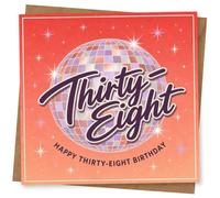 38th Birthday Card for Her, Retro Disco Ball and Script | Fun 38th for her: big disco ball on a starry background with bold “Thirty-Eight” script and “Happy Thirty-Eight Birthday”.