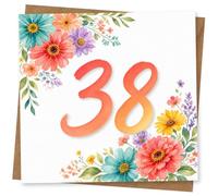 38th Birthday Card for Her, Watercolour Florals & 38 | Bold number 38 with colourful watercolour flowers around the edges; a cheerful message for her 38th.