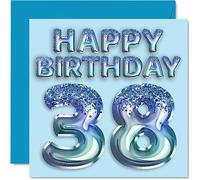 38th Birthday Card for Men - Blue Glitter Party Balloon - Happy Birthday Cards for 38 Year Old Man Brother Friend Uncle Dad, 145mm Bday Greeting Cards Gift
