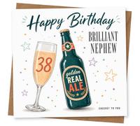 38th Birthday Card for Nephew, 38 Champagne Glass & Ale | Nephew 38th card featuring a champagne glass with “38”, a golden real ale bottle and the line ‘Cheers! To You’.