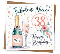 38th Birthday Card for Niece, Champagne & Confetti | Cheerful 38th: champagne bottle and floral glass with colourful confetti and playful celebratory wording on the front.