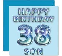 38th Birthday Card for Son, Blue Glitter Party Balloons