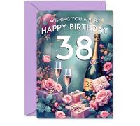 38th Birthday Card - Pink Presents Champagne Bottle - Gorgeous Pretty Beautiful Birthday Cards for 38 Year Old Woman Women, 5x7 Inch Greeting Cards Gift