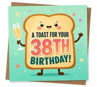 38th Birthday Card, Smiling Toast with Champagne Glass | Cheery toast character lifts a champagne flute beside the words “A TOAST FOR YOUR 38TH BIRTHDAY!” with confetti stars.