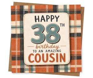 38th Birthday Card, Warm Plaid, Cousin Birthday Greeting | Warm plaid design with bold birthday lettering celebrating a cousin turning 38, with “Happy 38th Birthday” message.