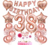 38th Birthday Decoration for Women - Rose Gold Cake Topper, Balloons, and Gift Set