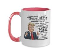 38th Birthday Donald Trump Two Tone Coffee mug, 38 Year Old Bday Gift Usa American President Novelty Cup, Funny Gag Mug For Friend, Dad, Grandpa, Mom
