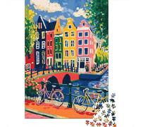 38x26cm/1000pcs 1000 Piece Jigsaw, Colorful Amsterdam Canal Scene with Bicycles
