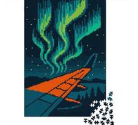 38x26cm/1000pcs 1000 Piece Jigsaw, Retro Pixel Art Airplane Northern Lights
