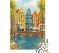 38x26cm/1000pcs, Classic Jigsaw Puzzle, 1000 Pieces, Amsterdam Canal Houses And Bicycles