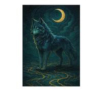 38x26cm/1000pcs Jigsaw Puzzle for Adults Blue Wolf Under Crescent Moon Jigsaw Puzzle Family Games A Work of Art Unique Gifts for Birthday And Christmas 38x26cm/1000pcs