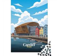 38x26cm/1000pcs, Paper Puzzle, 1000 Pieces, Cardiff Wales Bay Illustration