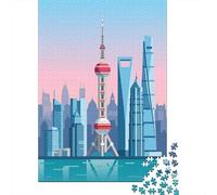 38x26cm 1000pcs Shanghai Skyline at Sunset Jigsaw Puzzle, 1000 Piece | For an absorbing break from screens: Adult jigsaw puzzle with 1000 pieces turns free time into a focused activity.