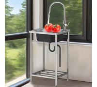 38x33x82cm Free Standing Stainless Steel Utility Sink Single Bowl Outdoor Mobile Sinks with hot and Cold Water taps,Commercial Kitchen Washbasin,for Camping Garage Backyard