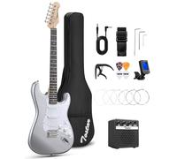 39" Beginner Electric Guitar Kit with Amp & HSS Pickups | Complete Starter Set for Newcomers w/Essentials | Gig Bag, Extra Strings, Digital Tuner, Capo, Strap | Home Practice (Sliver)