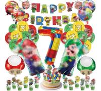 39 Pcs Birthday Party Decorations for Boys,Super Balloons 7th Happy Birthday Banner Latex Foil Balloons Cake Topper Cupcake Toppers Kids Cartoon Theme Party Supplies Decorations Baby Shower Ballons