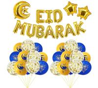 39 PCS Eid Decorations Balloons, Eid Mubarak Balloons, Star Moon Foil, Star Confetti, Blue Gold Latex Balloon for Islamic Muslim Ramadan Celebration Party Supplies