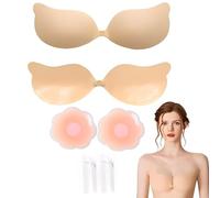39-Piece Strapless Sticky Bra Set, Includes Stick On Bra Backless, Nipple Covers for Women and 36 Pcs Clothing Tape Double Sided, Invisible Breast Petals for Deep V Evening Dresses Beige