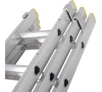 39 Rung Aluminium Triple Section Extension Ladder With Stabiliser Feet - 3.5M To 8.5M Height