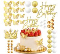 39Pcs Birthday Cake Decorations Set, Happy Birthday Cake Topper, Golden Crown Cake Toppers with Butterfly Sign & Gold Balls, DIY Princess Cake Toppers for Birthday Family Gathering and Wedding