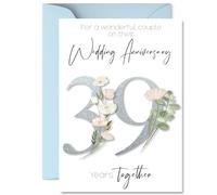 39th Anniversary Card for Women Men - Fancy Floral Flowers - Happy 39 Year Anniversary Card for Partner Wife Husband Companion, A5 Wedding Anniversaries Greeting Cards