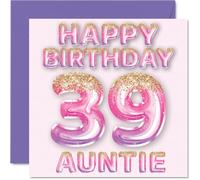 39th Birthday Card for Auntie - Pink & Purple Glitter Balloons - Happy Birthday Cards for 39 Year Old Aunt Aunty from Nephew Niece, 145mm Bday Greeting Cards Gift