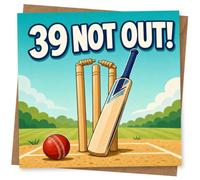 39th Birthday Card for Her, 39 Not Out! Cricket Stumps | Bold “39 NOT OUT!” above cricket stumps, bat and red ball on the pitch-sporty joke for her 39th birthday.