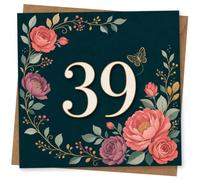 39th Birthday Card for Her, Teal Florals and Butterfly | Stylish 39th for her: large 39 on rich teal with a refined botanical border and delicate butterfly detail.