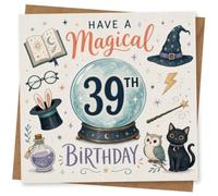 39th Birthday Card for Her, Witch Hat, Cat & Crystal Ball | Her 39th with magical motifs: crystal ball, spell book and wand, plus a witch hat, black cat and owl illustration.