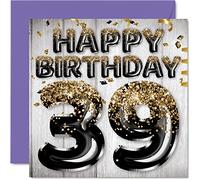 39th Birthday Card for Men, Black & Gold Glitter Balloons