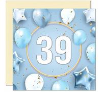 39th Birthday Card for Men Women - Blue White Balloon Birthday Card for 39 Year old Woman Friend Sister Mum Aunt Daughter thirty Nine, thirty ninth cousin Niece