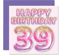 39th Birthday Card for Women - Pink & Purple Glitter Balloons - Happy Birthday Cards for 39 Year Old Woman Friend Sister Mum Auntie, 145mm Bday Greeting Cards Gift