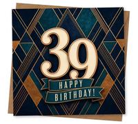 39th Birthday Card, Gold 39, Navy & Teal Art Deco