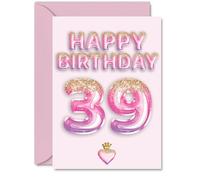 39th Birthday Cards for Men Women - Pink & Purple Glitter Balloons - Happy Birthday Card for 39 Year Old Man Woman Son Auntie Uncle Daughter, A5 Bday Greeting Cards