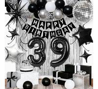 39th Birthday Decorations for Men Women, Black Silver Happy Birthday Party Decorations， 39 Year Old Party Supplies with Number 39 Balloons, Banner, Fringe Curtains Kit