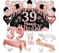 39th Birthday Decorations for Women, 49pcs Black Rose Gold Black Happy 39th Birthday Banner, Tablecloth, Butterfly Decor, Sash and Tiara, Cake Topper, Candles, Balloons Arch