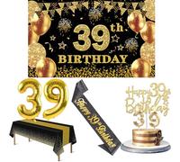 39th Birthday Decorations Men Women with 39th Birthday Banner, Black and Gold Table Cloth, Number Balloons, Large Sash, Cake Topper and Candles