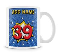 39th Birthday Gift for Men - Personalised Mug/Cup - Add Name - Comic Style Design - Blue
