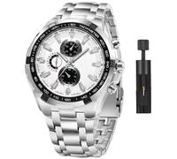 3ATM Waterproof Men's Watch, Automatic Men's Watch with Luminous Markers, Stainless Steel Watch with Adjustable Bracelet, Analogue Watch for Monitoring Time, Silver-White, Modern