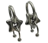 3cm Star Dangle Earrings Pair with Silver Tone Hoop Top, Puffed Five-Point Charm and Curved Bead Accent for Statement Day to Night Looks Daily Wear Star Hoop Earrings Pair