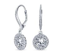 3Ct Cubic Zirconia Round Solitaire CZ Halo Dangle Drop Lever back Earrings For Women .925 Sterling Silver