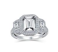 3CT Deco Style Rectangle Halo Past Present Future 3 Stone Emerald Cut CZ Engagement Ring CZ 925 Sterling Silver ring_size: N