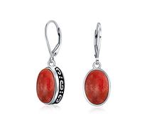 3Ct Natural Red Coral Dome Oval Western Style Bezel Set Lever Back Dangle Earrings For Women .925 Sterling Silver