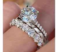 3CT Round Cut Moissanite Engagement Ring Set for Women, 3pc 14K Gold Plated 925 Sterling Silver Wedding Band Bridal Set, Solitaire Promise Ring + Eternity Band Stack, Bridal Jewelry(Silver,L 1/2)