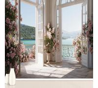 3D 3D Fake Window Romantic Rose Wall Stickers, Green Mountain Scenery View Mural Self-Adhesive Wallpaper, European Balcony Lake Vinyl Murals Poster for Home Office Bedroom Decoration 210x300 cm