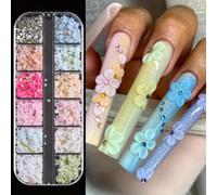 3D Acrylic Flower Nail Art Charms with Caviar Beads and Pearls, 12 Grids Colorful Floral Petals Nail Decorations for Acrylic Nails, Resin Manicure Accessories