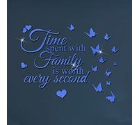 3D Acrylic Mirror Wall Stickers with Butterfly, Time Spend with Family Peel and Stick Mirror Wall Decal, Removable Mural DIY Wall Decor for Home Living Room Bedroom-Blue