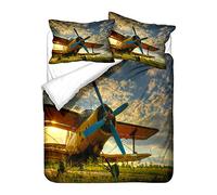 3D Airplane Natural Landscape Microfiber Zipper Duvet Cover Sunrise Dawn Dusk Night City Plane Aeroplane Aircraft Printing Bedding Set Quilt Cover with Pillowcase (Yellow, Double 200x200 cm)