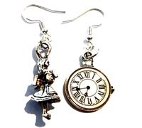 3D Alice In Wonderland Asymmetrical Pocket Watch & Alice Earrings on Sterling Silver Hooks/Mismatched Alice and Clock Dangle Earrings