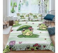 3D All Season Microfiber Cute frog design Quilt Cover Sets Easy Care Bedding Set w/ Pillowcase Kawaii cartoon style Comforter Cover Set Breathable Machine Washable for Teens Adults King（220x240cm）